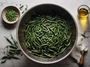 Fresh green beans being prepped with olive oil