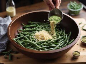 Tossing green beans with olive oil and Parmesan