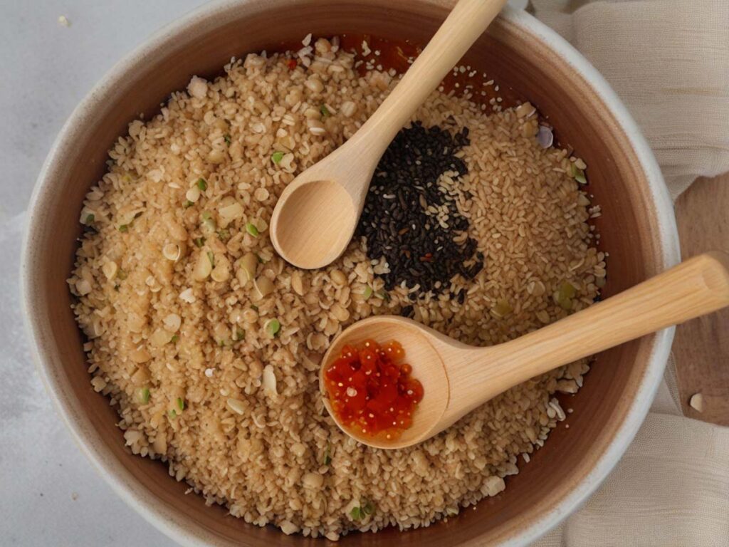 Combining sesame oil, ginger, and other spices in a bowl