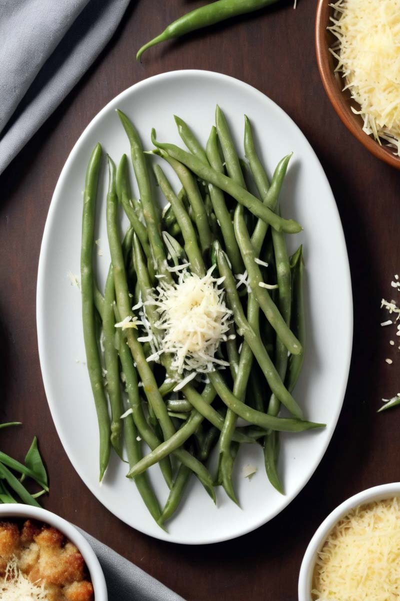 Ready to serve garlic Parmesan green beans on a plate