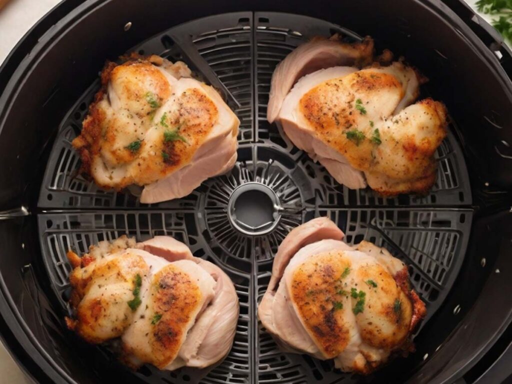 Stuffed chicken breasts in air fryer basket ready to cook