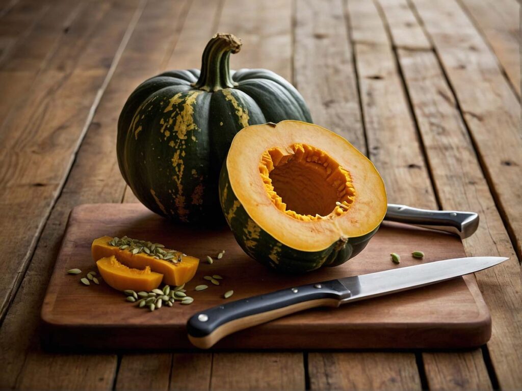 Cutting acorn squash in half on wooden cutting board