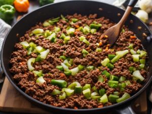 Diced onions and green bell peppers added to ground beef for sloppy joes