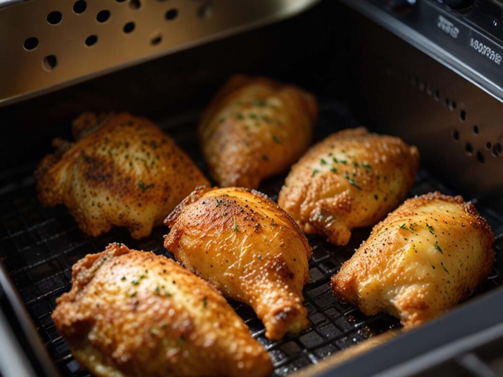 Arranging chicken pieces in air fryer basket for even cooking