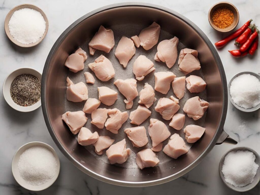 Preparing chicken bites with seasoning for air frying