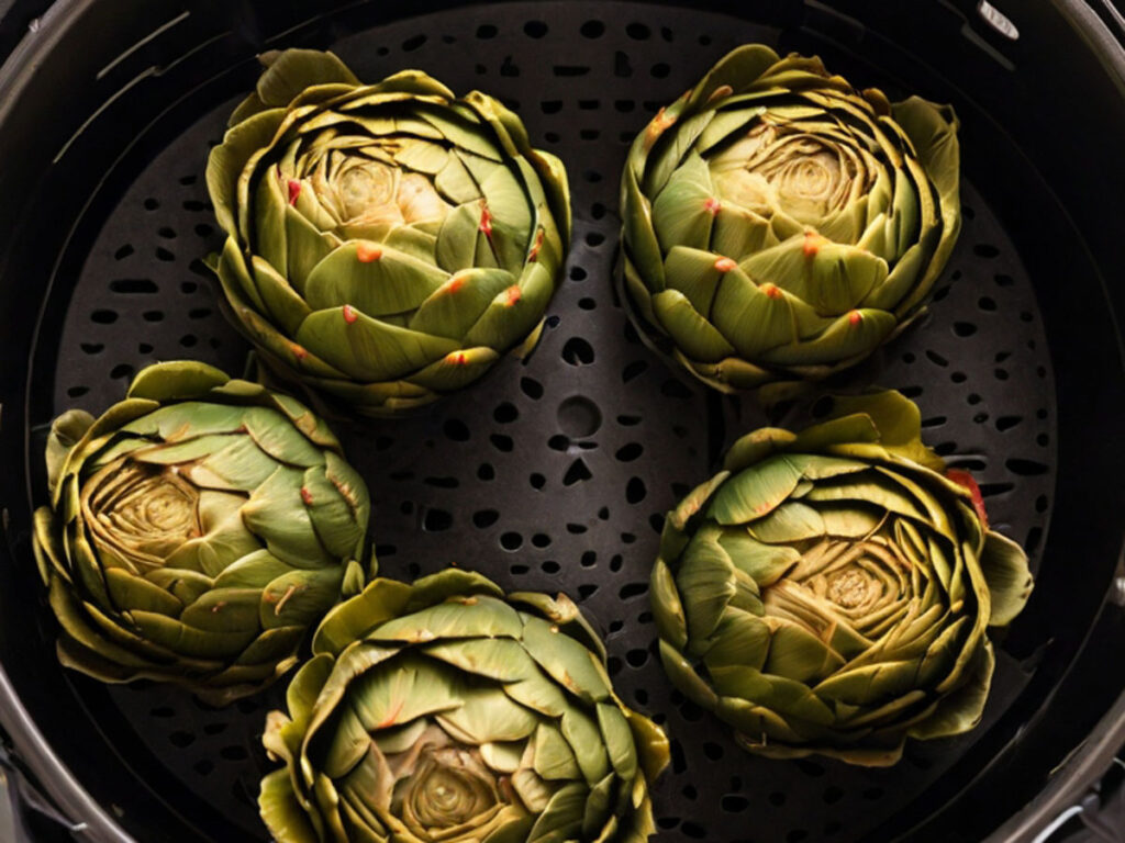 Artichokes in air fryer basket ready for cooking