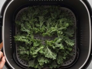 Arranging kale leaves in air fryer basket for even cooking