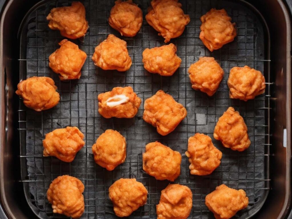 Placing buffalo chicken poppers in air fryer basket