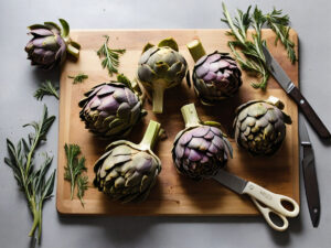Preparing and trimming artichokes on a wooden board