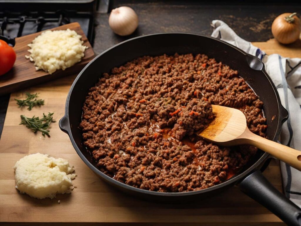 Browning lean ground beef in a skillet for sloppy joes mixture
