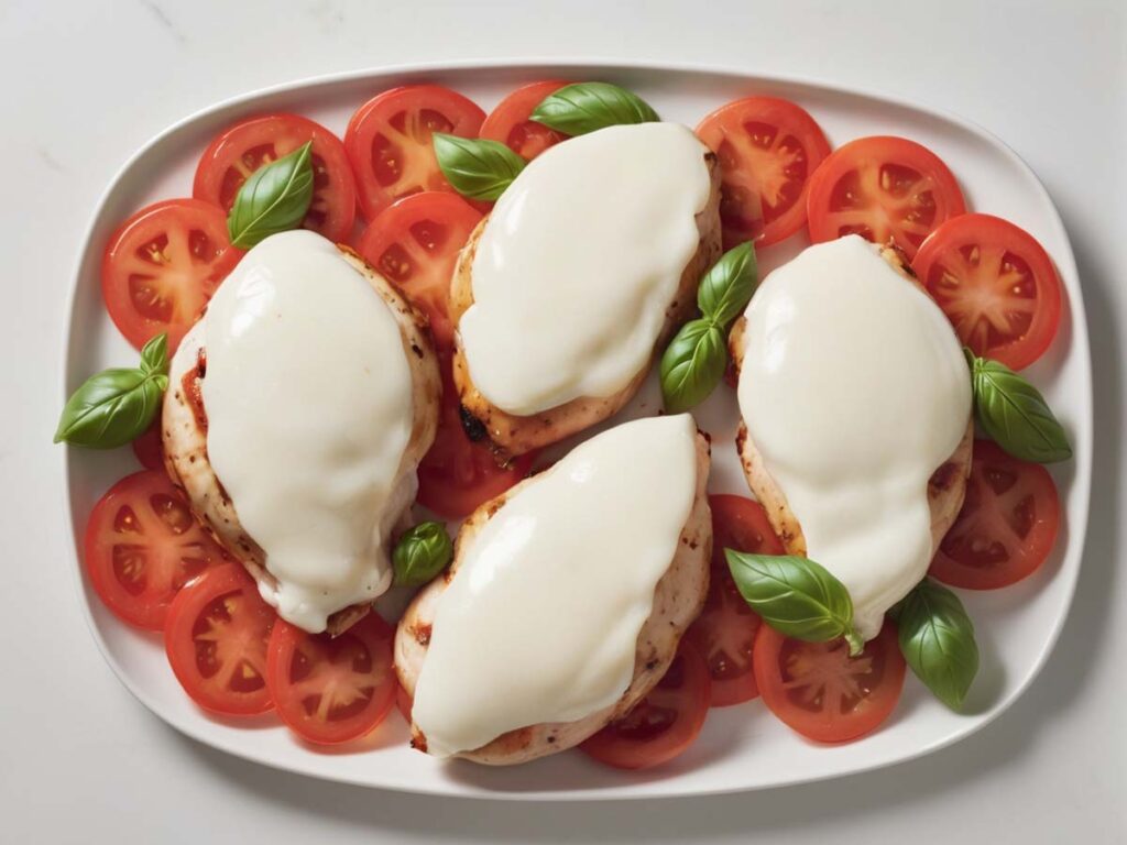 Assembling Mozzarella, Tomato, and Basil on Cooked Chicken