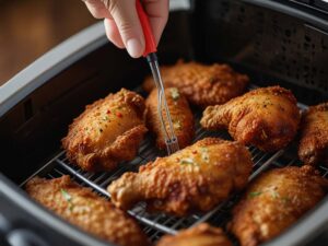 Using a meat thermometer to check doneness of air fried chicken