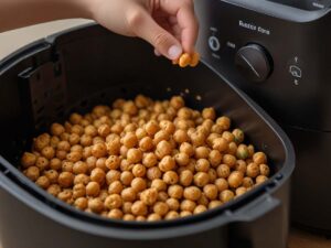 Checking doneness of roasted chickpeas in air fryer