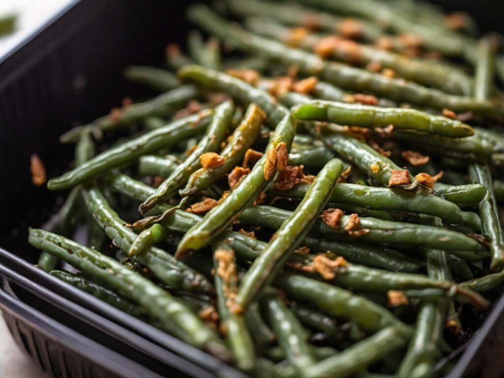 Checking spicy green beans for doneness in air fryer