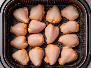 Arranged chicken bites in air fryer basket ready to cook