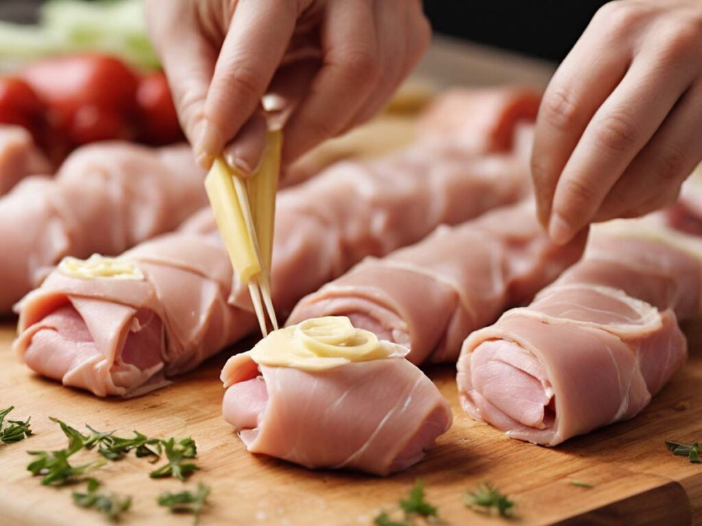 Adding ham and cheese to chicken for cordon bleu bites