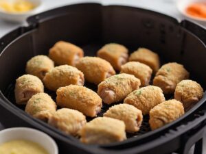 Air fryer basket with chicken cordon bleu bites ready to cook