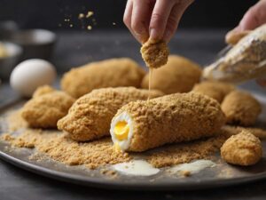 Coating chicken rolls in flour, egg, and breadcrumbs for cordon bleu bites