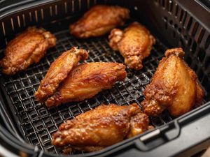 Chicken wings being cooked in an air fryer