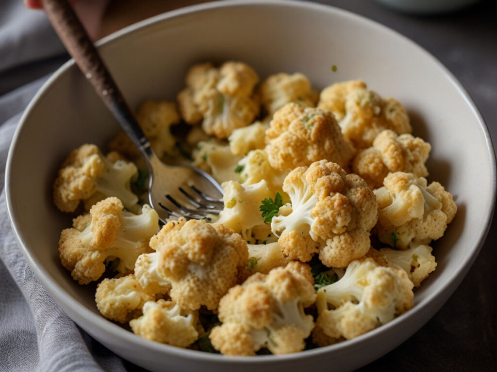 Coating cauliflower florets evenly with batter for air frying