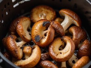 Checking doneness of air fryer garlic mushrooms