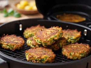 Cooked air fryer parmesan zucchini fritters in basket