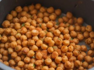 Chickpeas spread in air fryer basket ready to cook