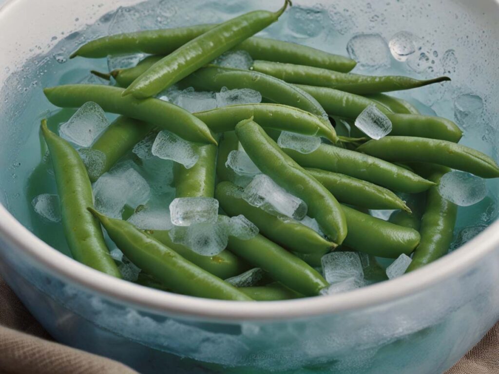 Chilled green beans in ice bath to preserve color