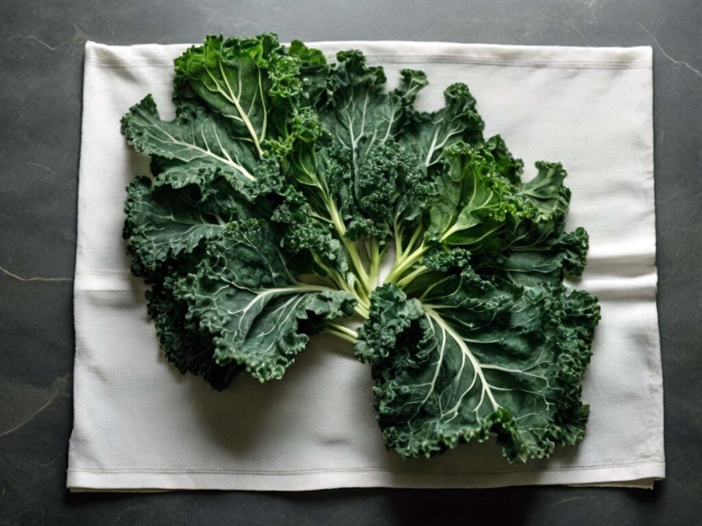 Drying kale leaves with a kitchen towel on countertop