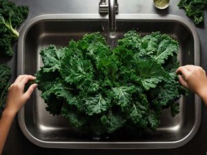 Washing fresh kale under running water in kitchen sink