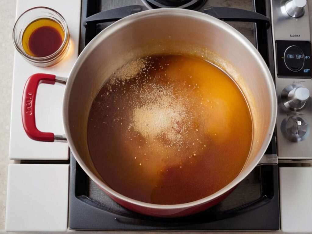 Simmering honey garlic sauce in saucepan on stove