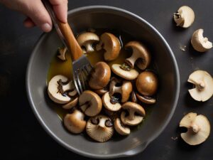Tossing mushrooms in garlic oil marinade