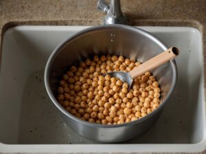 Rinsing canned chickpeas in colander under tap water