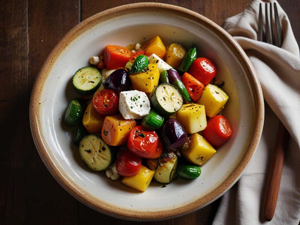Roasted Mediterranean vegetables served with feta cheese and pine nuts