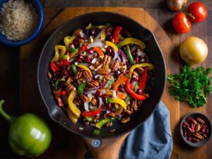 Sautéing onions, garlic, and bell peppers for squash stuffing