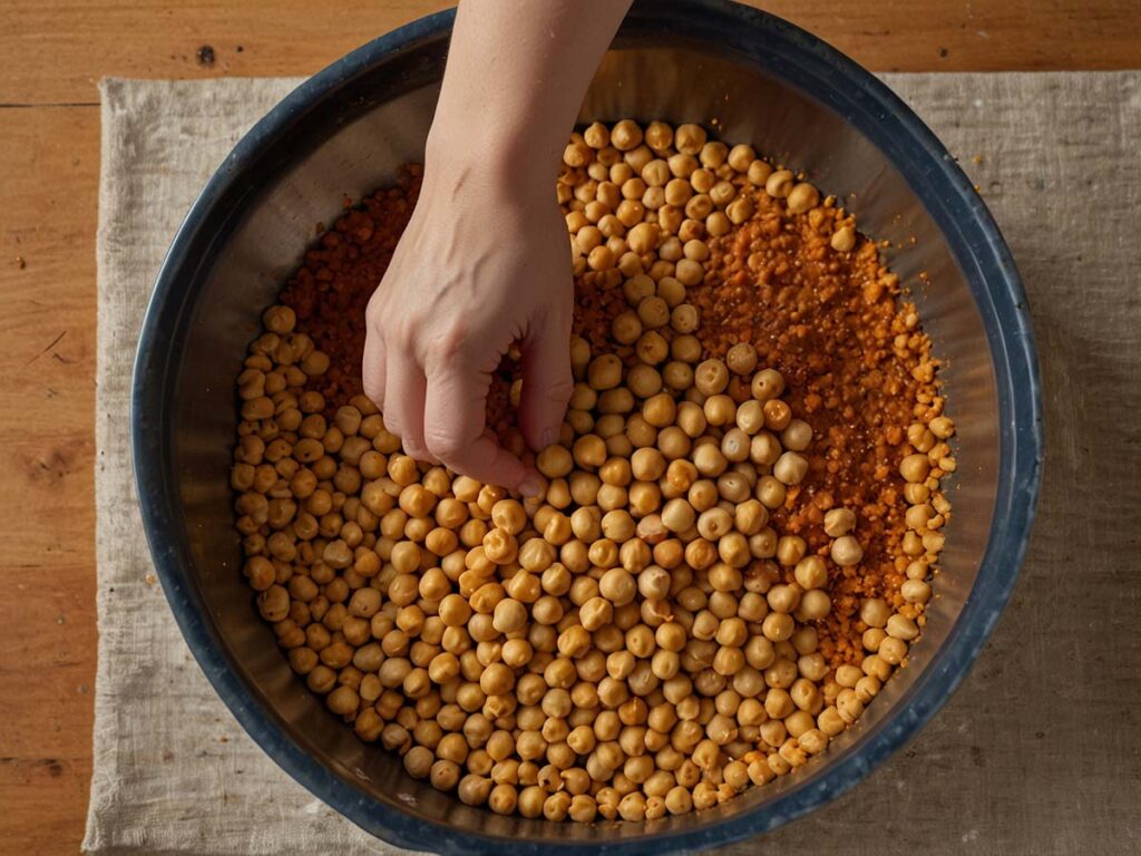 Seasoning chickpeas with spices in mixing bowl