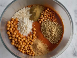 Tossing chickpeas with Mediterranean spices in mixing bowl