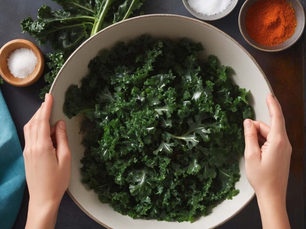 Seasoning kale chips with olive oil and spices in a bowl