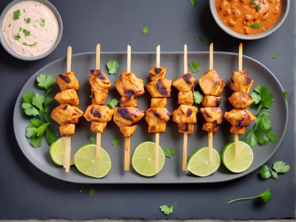 Served chicken tikka skewers garnished with cilantro and lime