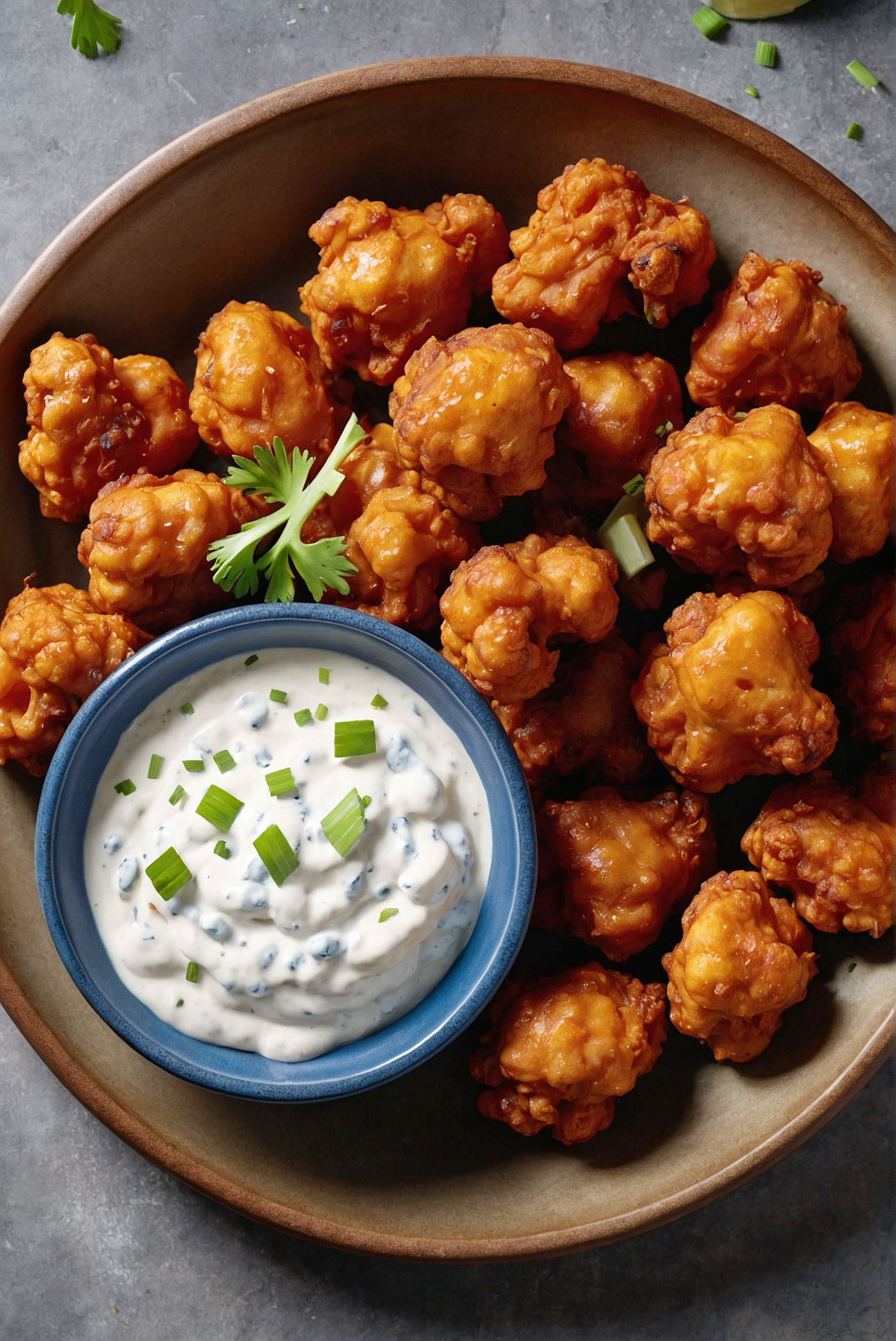 Serving plate of crispy vegan buffalo cauliflower wings with dipping sauce