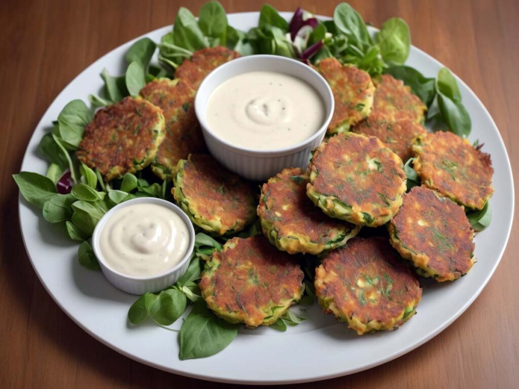 Serving air fryer zucchini fritters with dip and salad