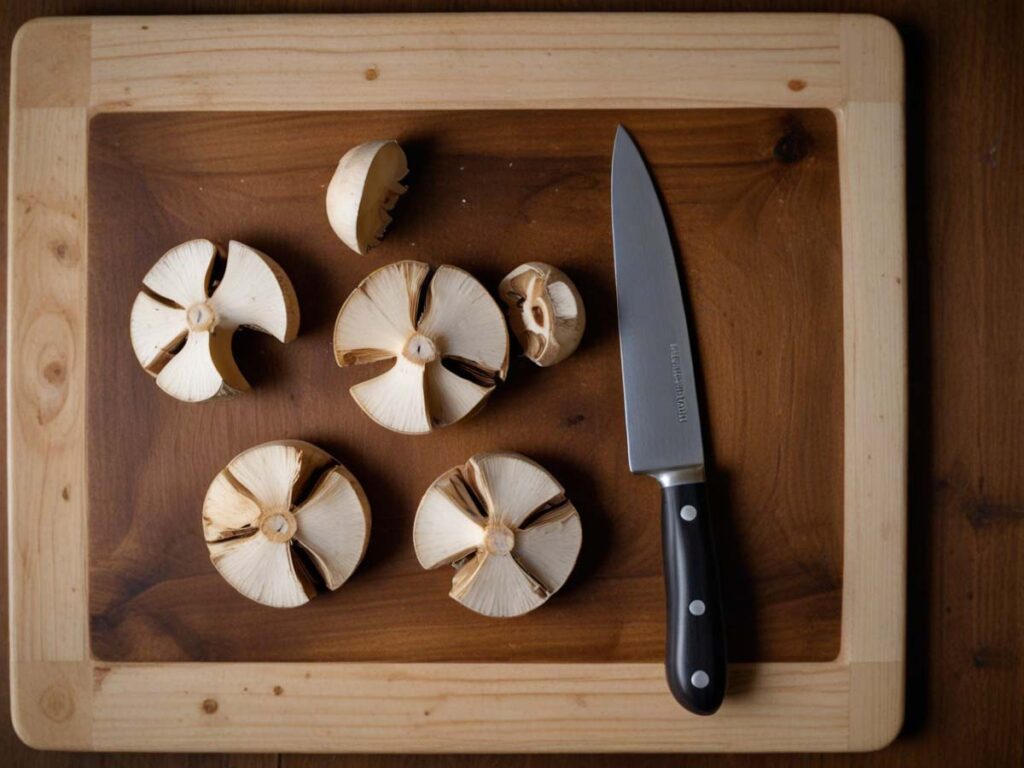 Slicing mushrooms on wooden board