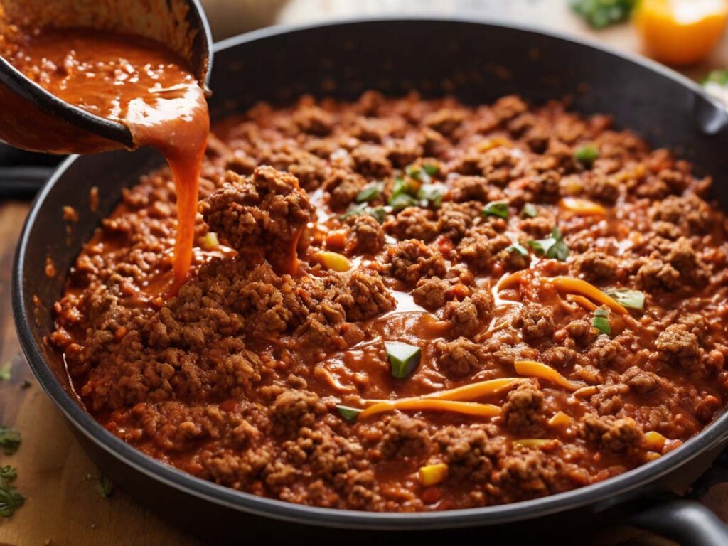 Mixing sloppy joe sauce with beef and vegetables in skillet