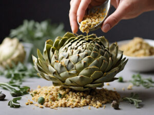 Filling artichokes with breadcrumb mixture for air frying