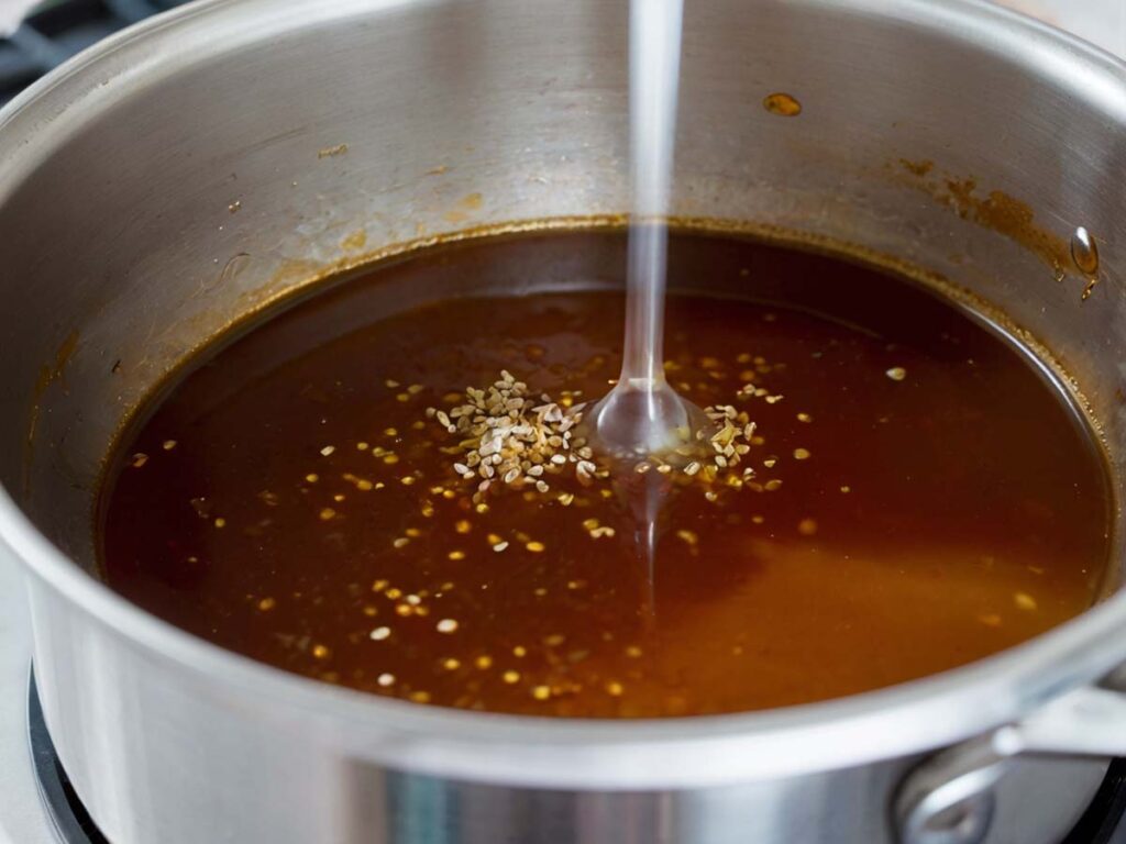 Simmering homemade teriyaki sauce on stove