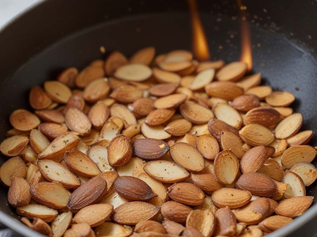 Toasting sliced almonds in skillet over medium heat