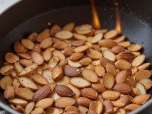 Toasting sliced almonds in skillet over medium heat