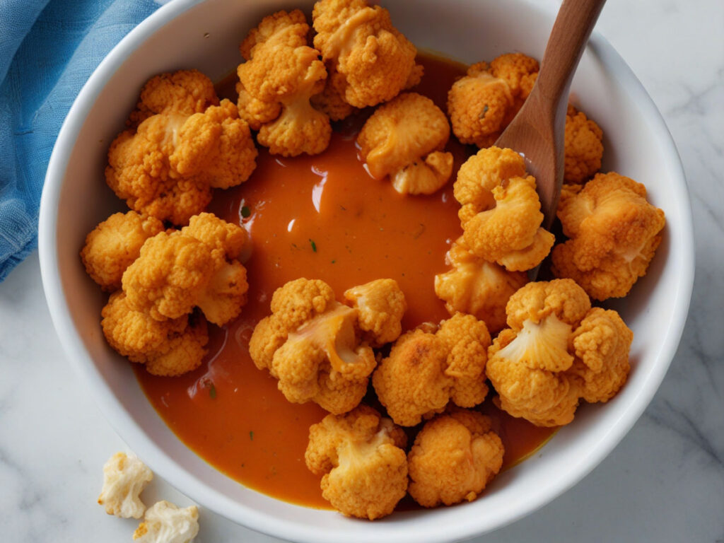 Tossing air fried cauliflower in buffalo sauce for extra flavor