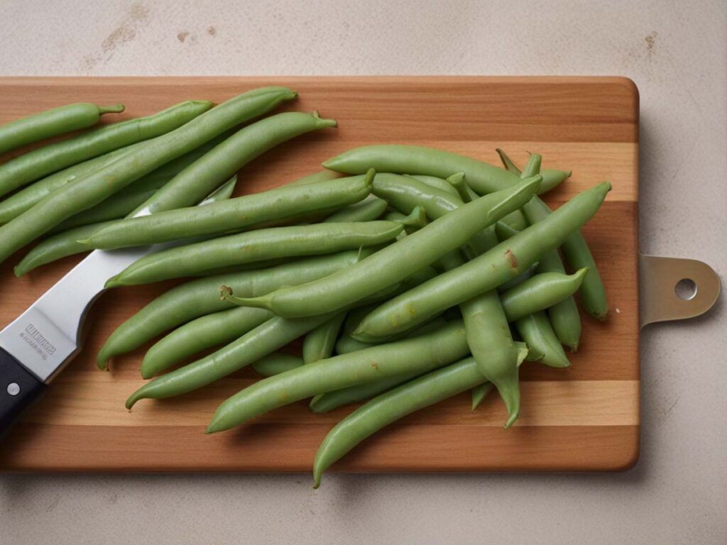 Trimming fresh green beans on cutting board