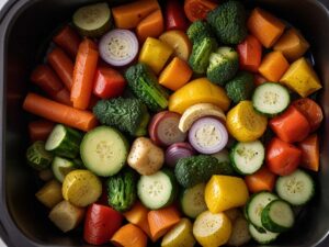 Mediterranean vegetables arranged in air fryer basket before cooking
